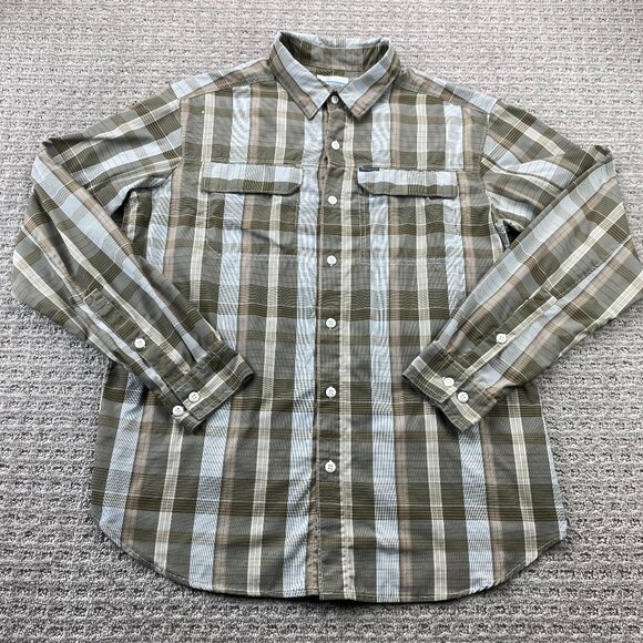 Columbia Omni-Shade Shirt Men Medium M Brown Green Plaid Button Up Long Sleeve - Picture 1 of 10
